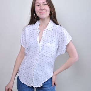 90s cute white blouse, flowers print vintage shirt, women 1990s short sleeve floral pattern summer white button down shirt, Size M