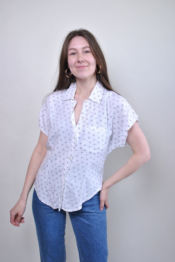 90s Vintage Floral Print Blouse - Short Sleeve Button Down Shirt, Size M