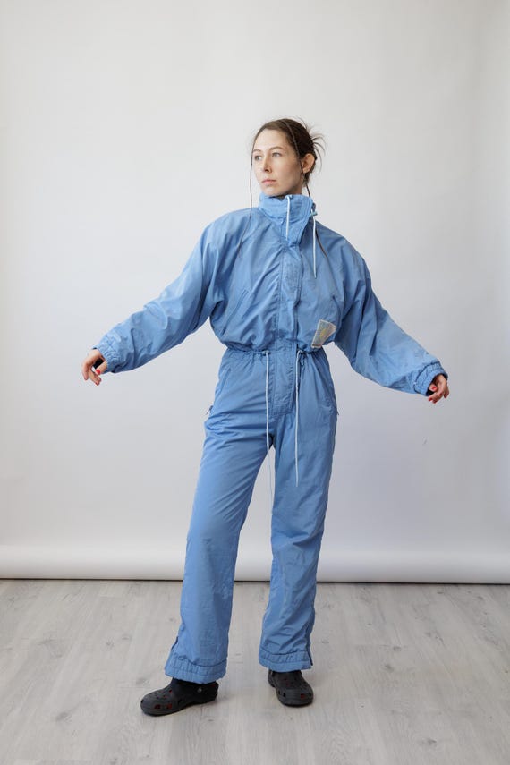 80s Cornflower Blue Vintage Ski Suit Polka Dot Lining One Piece Snowsuit Sun Patch Size M