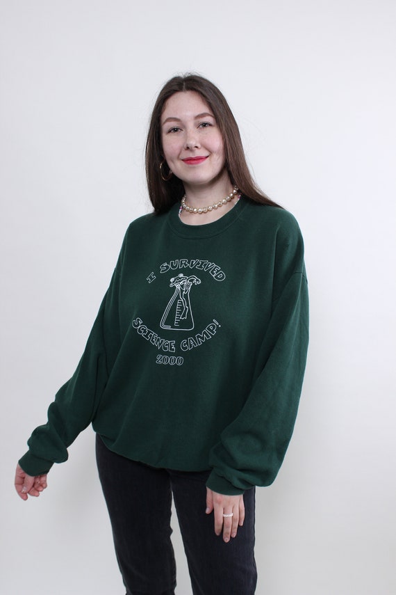Y2K Green Science Camp Sweatshirt Vintage Novelty Print Crewneck USA Size XL