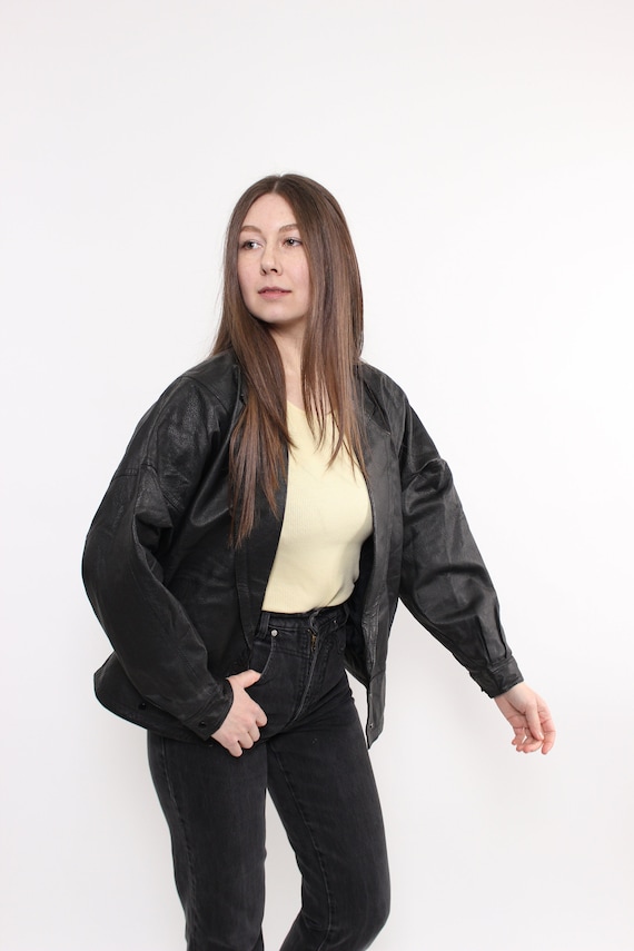 90s black leather jacket with dropped shoulders, slouchy oversized collarless jacket, size Medium