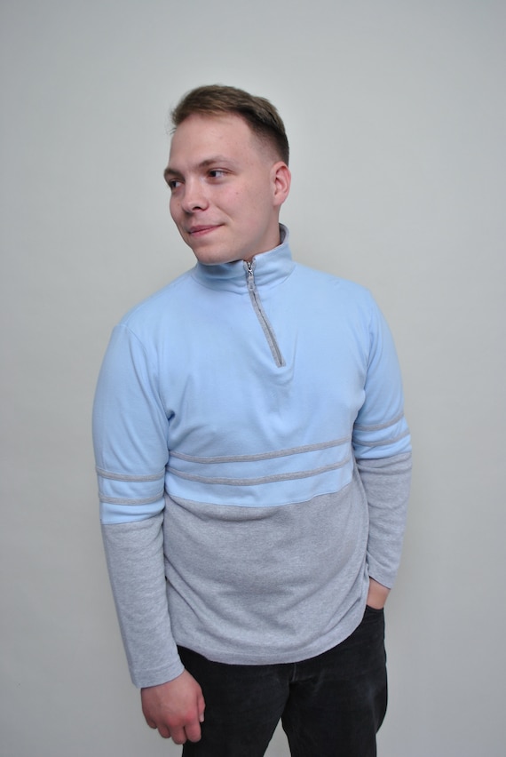 90s Baby Blue Grey Color Block Quarter Zip Sweatshirt Mock Neck Cotton Pullover S