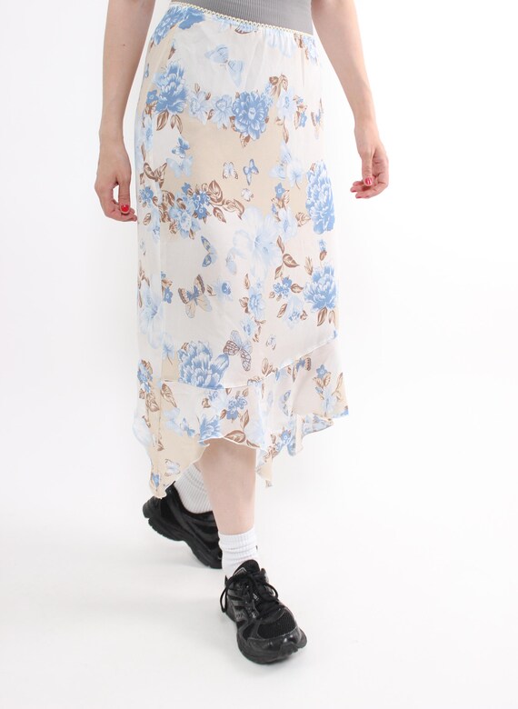 Y2K Blue Floral Butterfly Skirt Vintage Sheer Mesh Handkerchief Hem Spanish Midi Size M