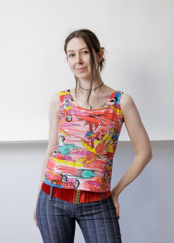 90s Tropical Print Tank Top Vintage Palm Tree Parrot Coastal Cowgirl Vacation Size M