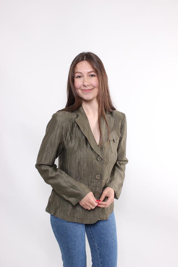 90s linen summer blazer, vintage green colour casual lightweight jacket, Size M