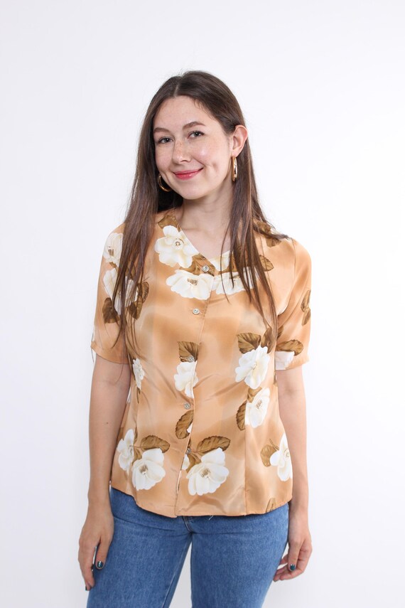 90s flowers print blouse in brown, vintage button front fitted crop blouse, Size M