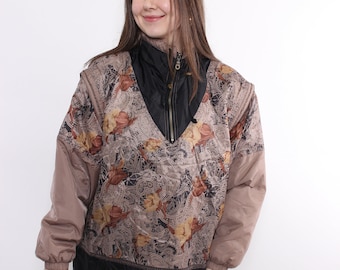 80s Vintage ski jacket, winter sport wear floral print snow coat, Size L