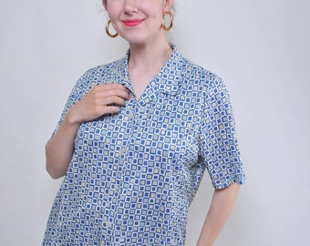 Abstract print vintage blue blouse, retro short sleeve shirt, Size L