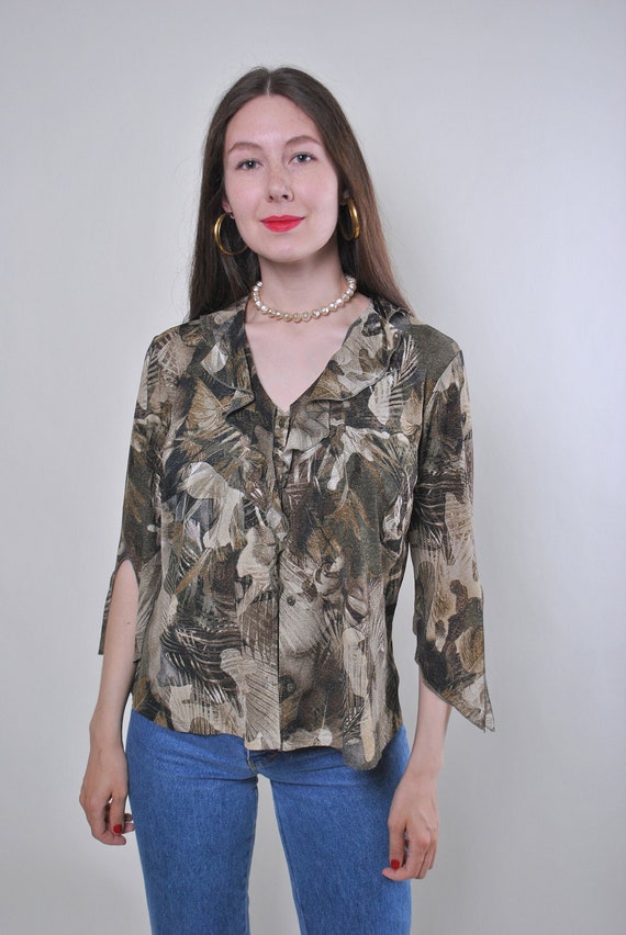 90s ruffled top, Woman vintage brown abstract print ruffled summer blouse, Size M