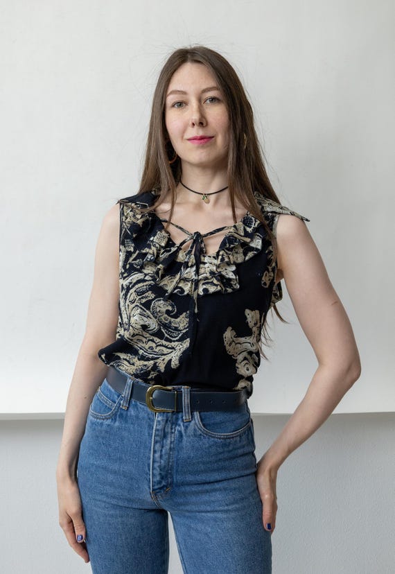 Y2K Black Baroque Print Ruffle Top Vintage Sleeveless Tie Neck Paisley Blouse Size M