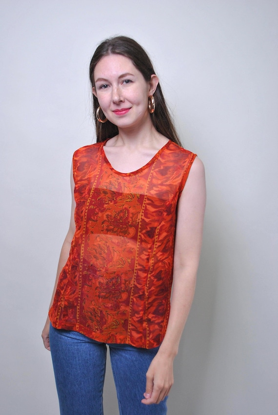 Y2k Pink Red Flowers Print Tank Sheer Chiffon Floral Sleeveless Top Size M