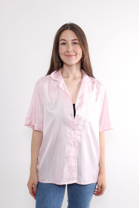 Vintage 90s Baby Pink Satin Camp Shirt, Oversized Lapel Pocket, Size M