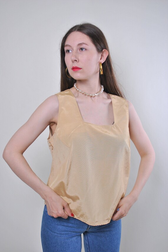 Vintage 90s tank top, beige sleeveless blouse, minimalist loose top, Size M