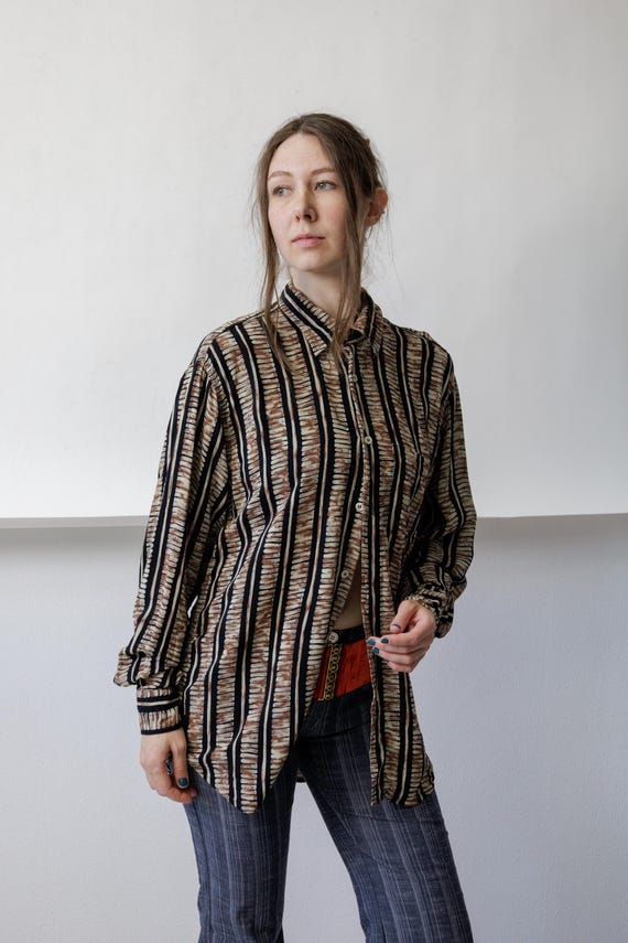 90s Tribal Stripe Print Shirt Vintage Brown Black Beige Oversized Button Up Size L