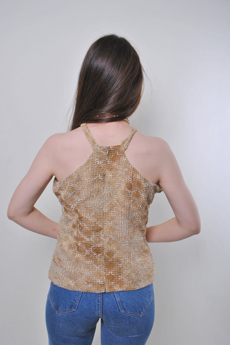 80s vintage evening brown sleeveless blouse with pattern Size M