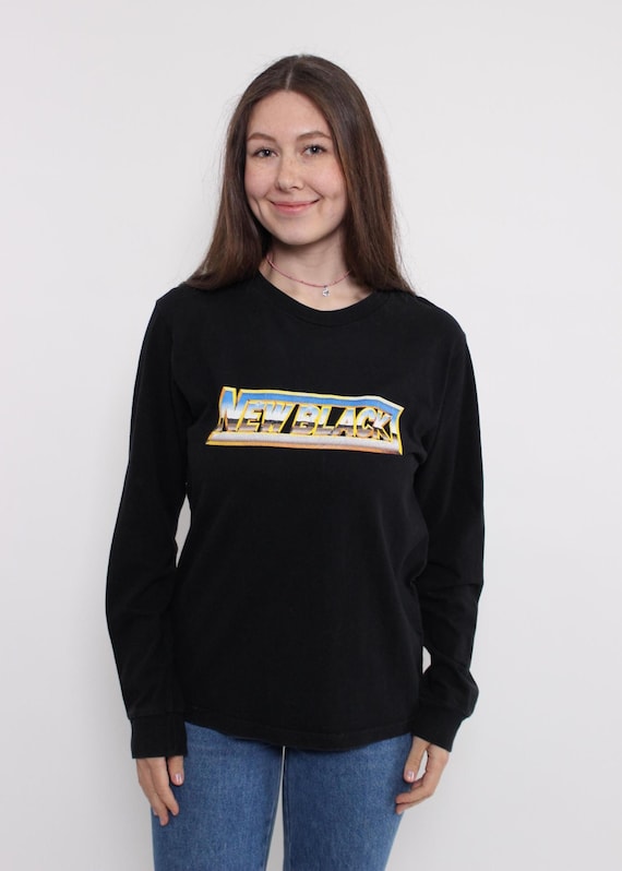 Y2K Black Chrome Graphic Long Sleeve Tee Vintage Print Cotton Tshirt Size S