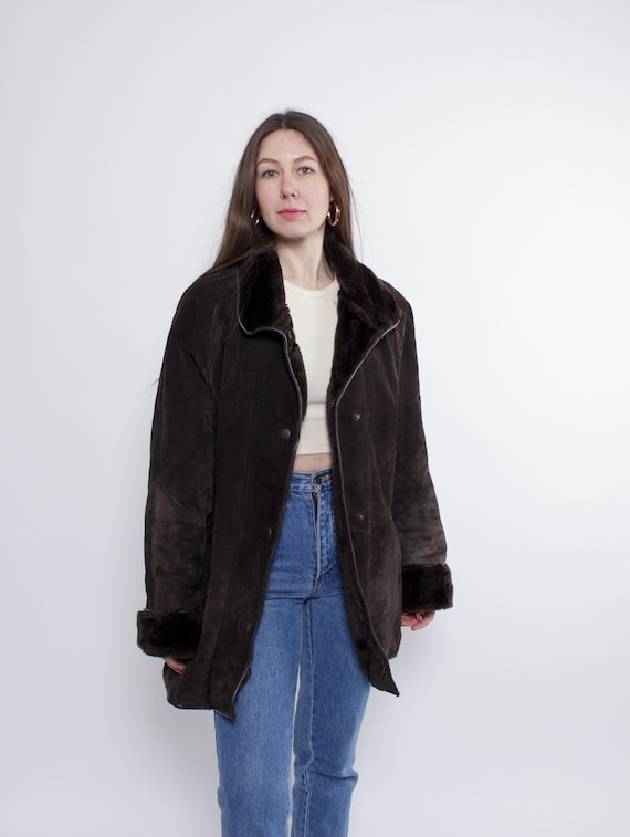 90s Brown Suede Leather Penny Lane Coat Faux Fur Collar Afghan Style Overcoat L