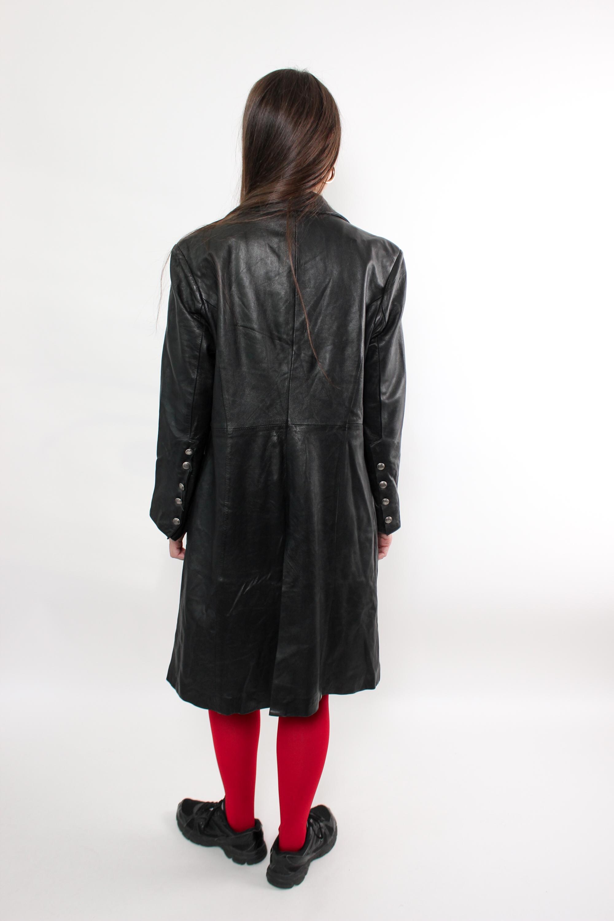 Vintage 90s Black Leather Longline Coat, Minimalist Trench Jacket