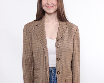 Blazer de lana a cuadros estilo años 80: Chaqueta marrón de tres botones (Talla M)