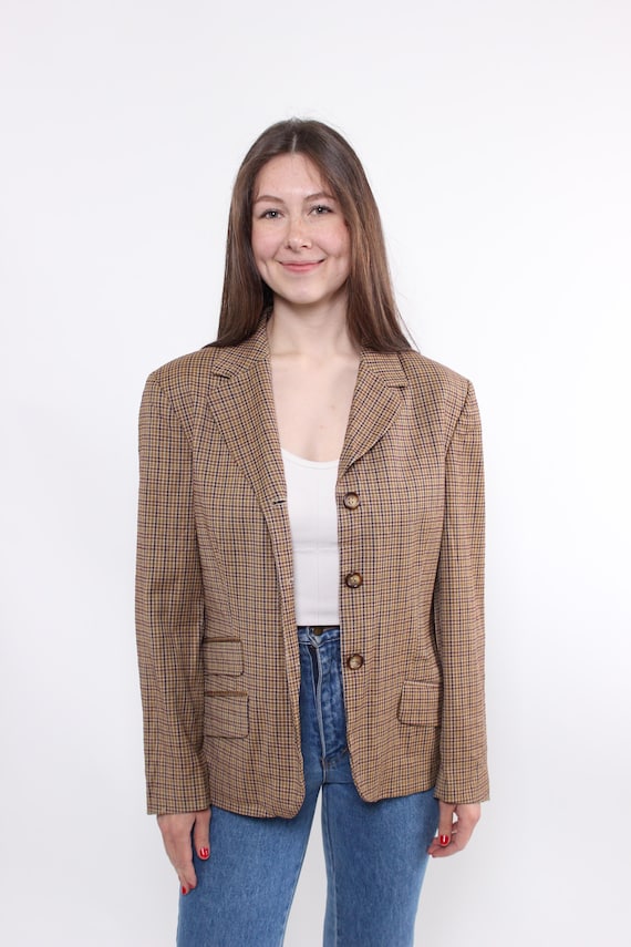 80s Vintage Wool Plaid Blazer: Brown Three-Button Jacket (Size M)
