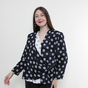 80s polka dot formal blouse, vintage blue color gold button blouse, Size M