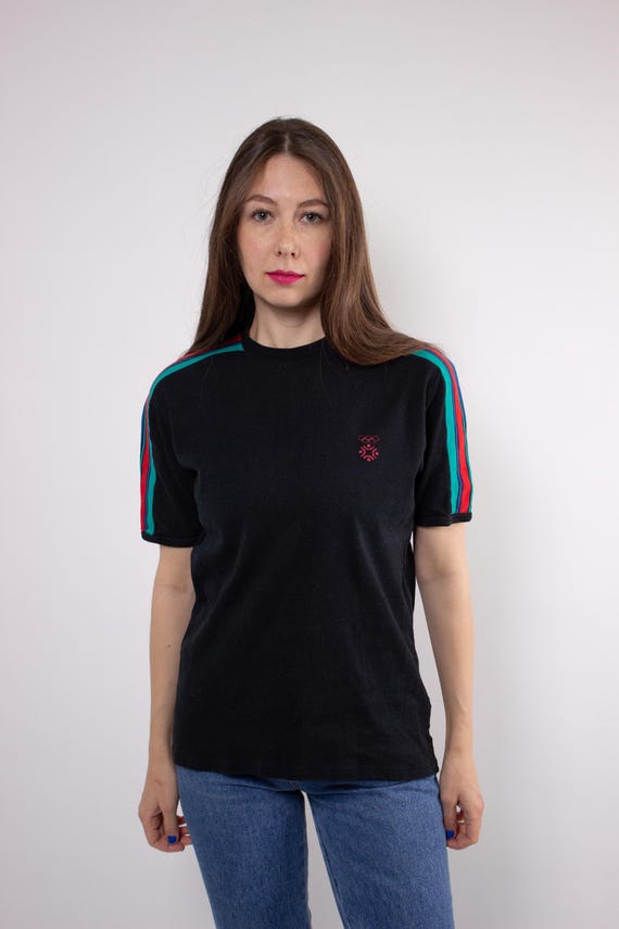 Vintage 90s Athletic Black T-Shirt Retro Sport Striped Sleeve Top, Size M