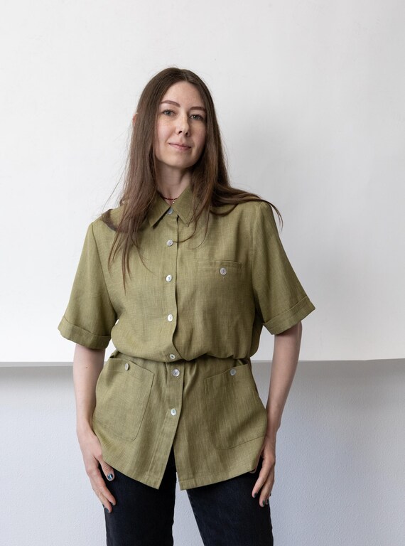 90s Olive Utility Overshirt Shirt Vintage Khaki Patch Pocket Short Sleeve Longline Shacket L