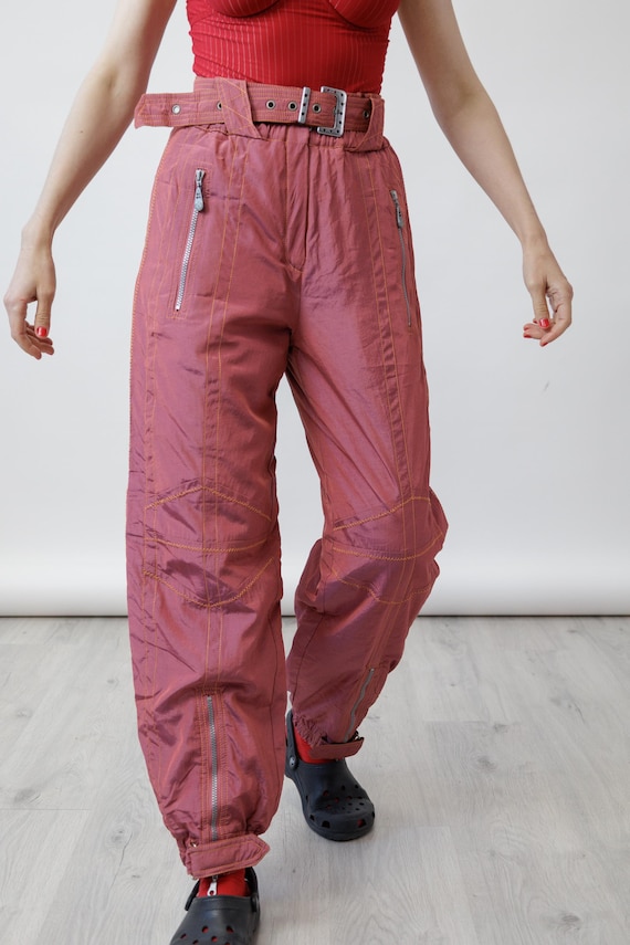 80s Iridescent Raspberry Copper Vintage Ski Pants Belted Contrast Stitch Ankle Zip Size M