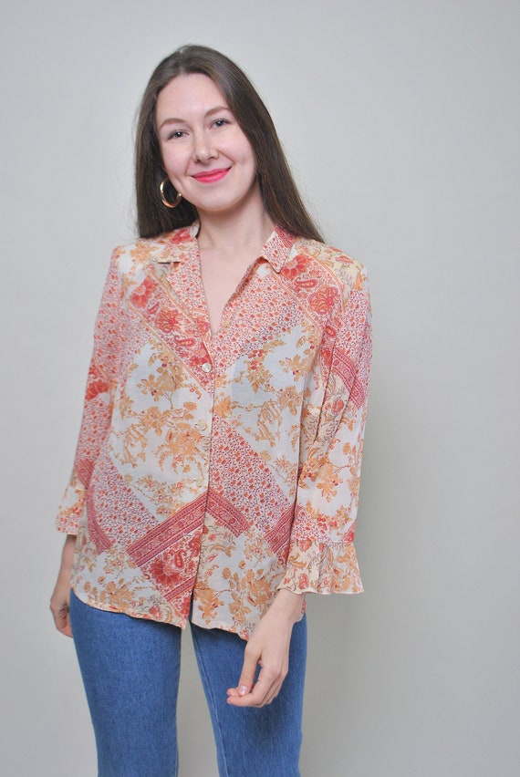 90s abstract print linen blouse, vintage button front ruched sleeve floral blouse, Size M