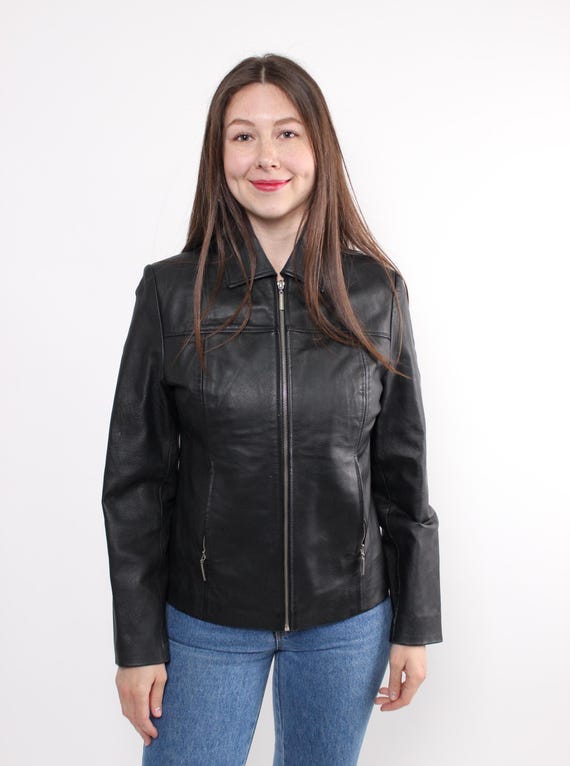Y2K Black Leather Jacket Vintage Fitted Zip Up Shirt Collar Princess Seam Size M
