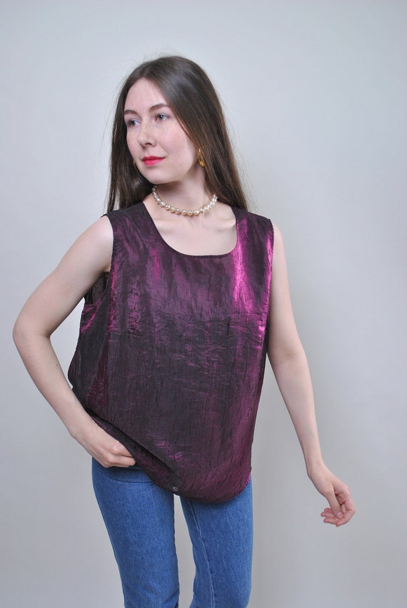 Purple neon top, loose sleeves blouse, shiny tank top, Size L