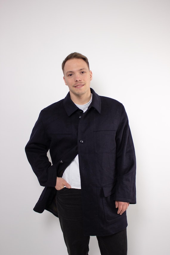 90s navy wool car coat for men minimalist button overcoat winter jacket, size XL