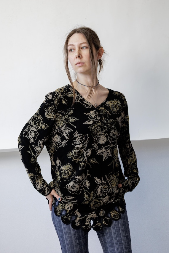 90s Black Gold Rose Print Top Vintage Scalloped Hem Metallic Floral Evening Blouse M