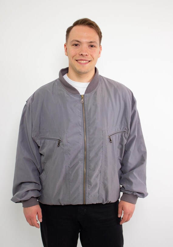 Slate Grey Bomber Jacket Gold Hardware Zip Pockets Retro 90s Size L