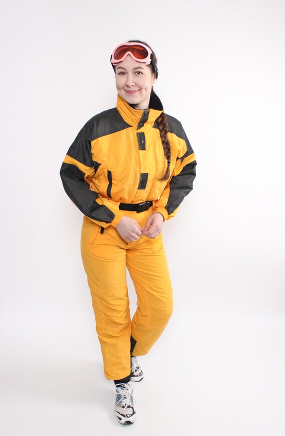 Vintage 90s One Piece Ski Suit, Womens Yellow Colorblock Snowsuit, Size S