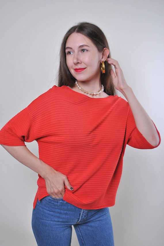 90s minimalist textured blouse in red, vintage office loose fit blouse, Size L