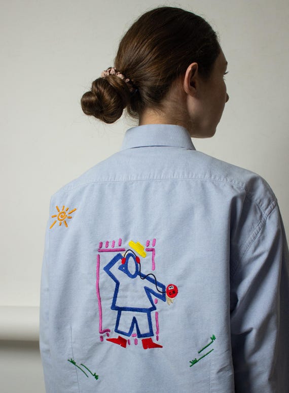 Music Embroidered Reworked Oxford Shirt Blue Hand Drawn Original Art Headphones Figure Festival Top