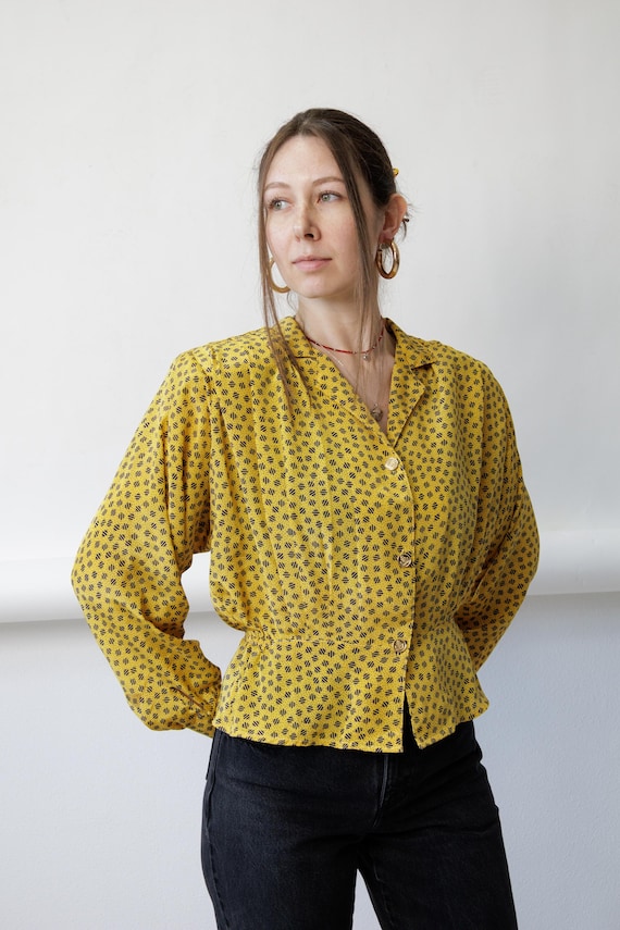 80s Yellow Abstract Print Blouse Vintage Long Sleeve V Neck Cinched Waist Size M