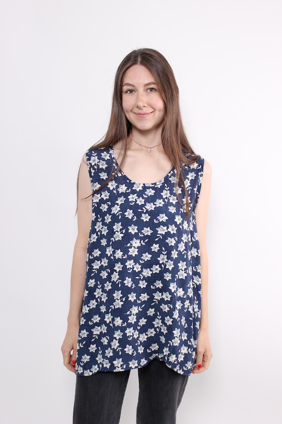 Navy Floral Sleeveless Blouse 90s Tunic Tank Top Relaxed Drapey Summer Size L