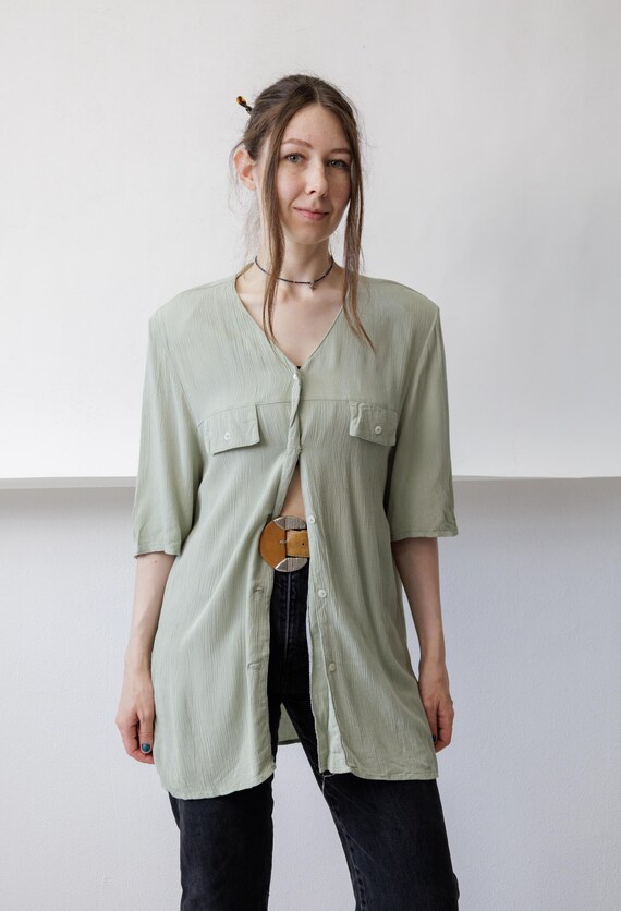 90s Sage Green Crinkle Blouse Vintage Button Up Oversized Minimalist Shirt Size L