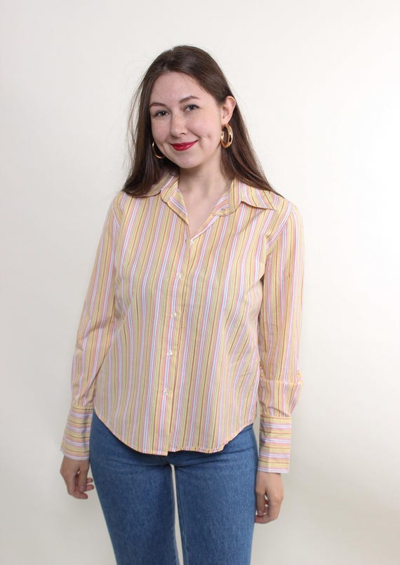 90s Pastel Candy Stripe Shirt Vintage Fitted Cotton Button Up Collared Blouse Medium
