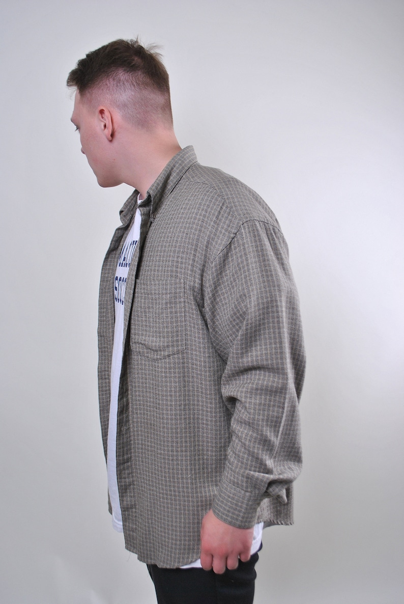 Vintage man grey plaid oversize long sleeve utility shirt Size L