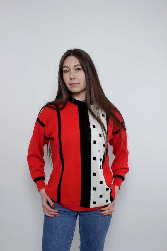 Vintage 90s Abstract Geometric Sweater Red, Womens Oversized Knit Cozy Winter, Size M