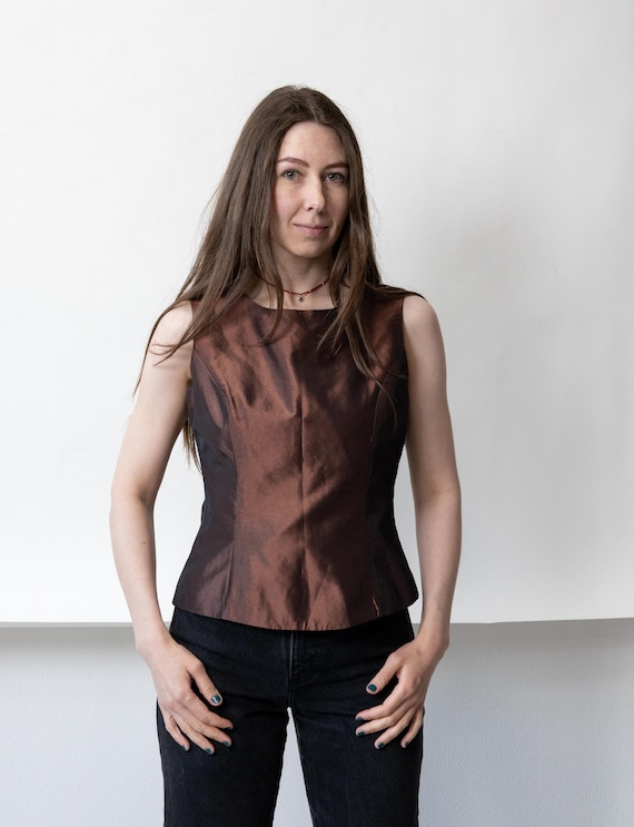 90s Bronze Iridescent Taffeta Top Vintage Fitted Shell Sleeveless Back Zip Size M
