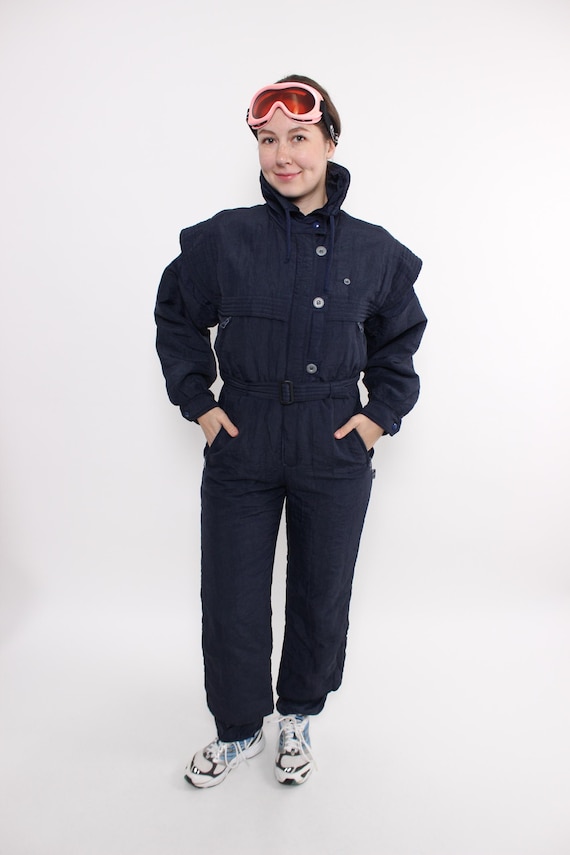Vintage 90s One Piece Ski Suit: Retro Dark Blue Jumpsuit, Size M