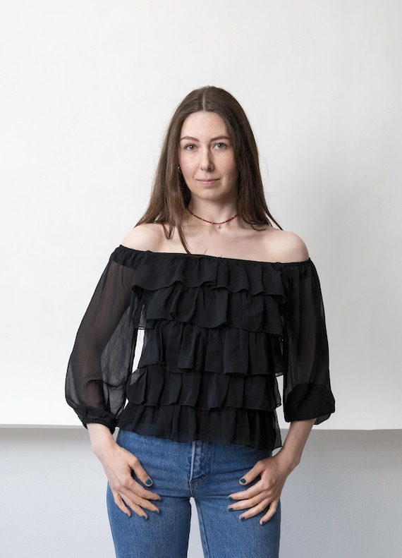 90s Black Tiered Ruffle Crop Top Off Shoulder Sheer Sleeve Gothic Coquette Size M