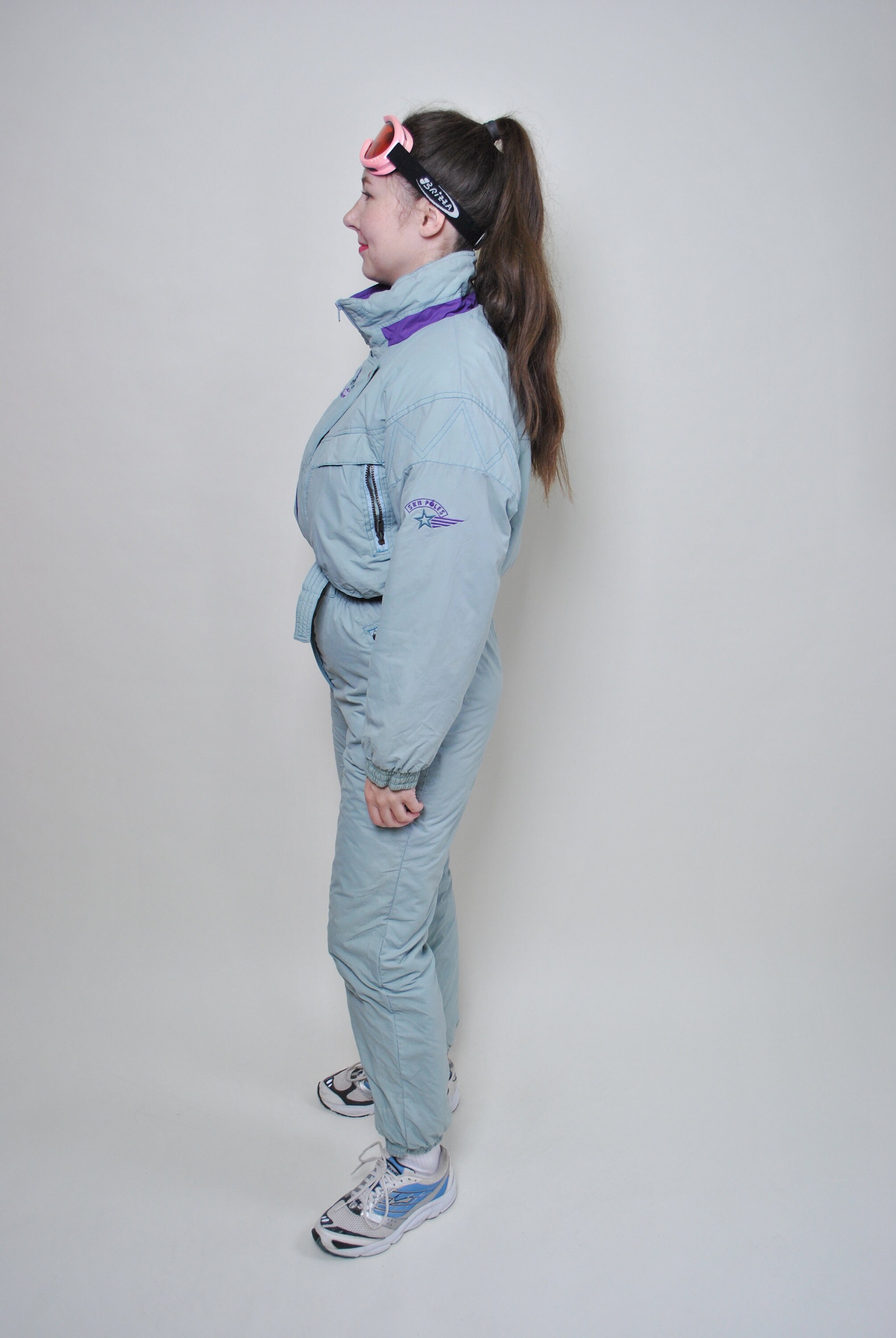 Combinaison De Ski Vintage Une Pièce Années 90 - Bleu Avec Bordure Fourrure, Taille XL Femme