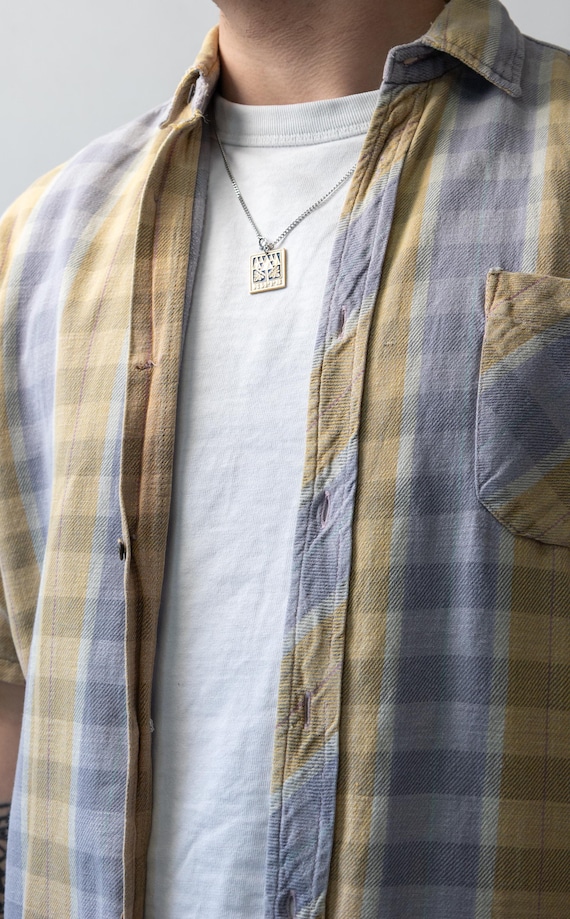 Yellow Plaid Mens Shirt 90s Short Sleeve Pastel Summer Vintage L