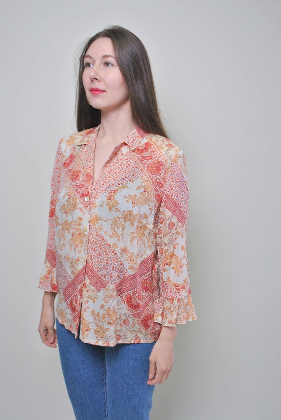 Linen boho shirt, women floral blouse form 90s 80… - image 4