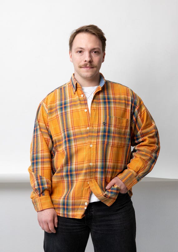 Orange Tartan Flannel Shirt 90s Mens Vintage Grunge Cotton Plaid Button Up Size L